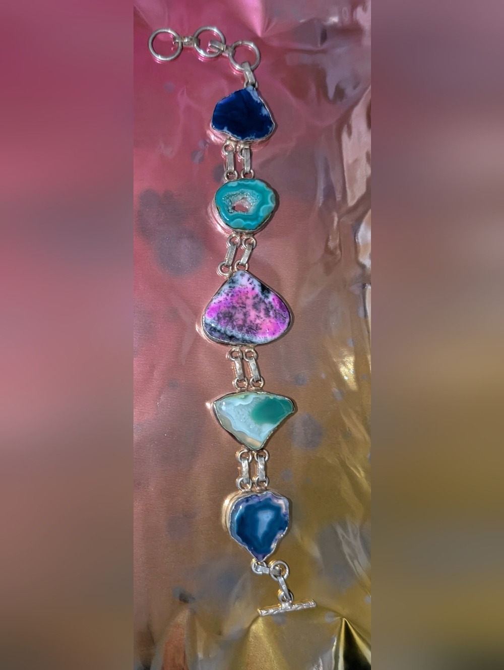 Multicolor Agate Link Bracelet - Silver Tone